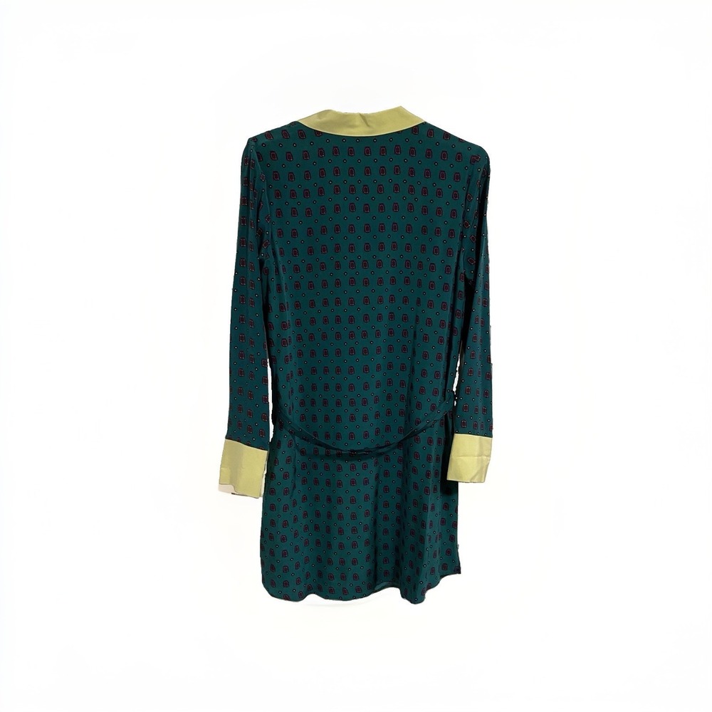 {tl} The letter 100% Silk Shirt Dress‎  Teal Green Yellow Geometric Print Size L - Picture 4 of 7